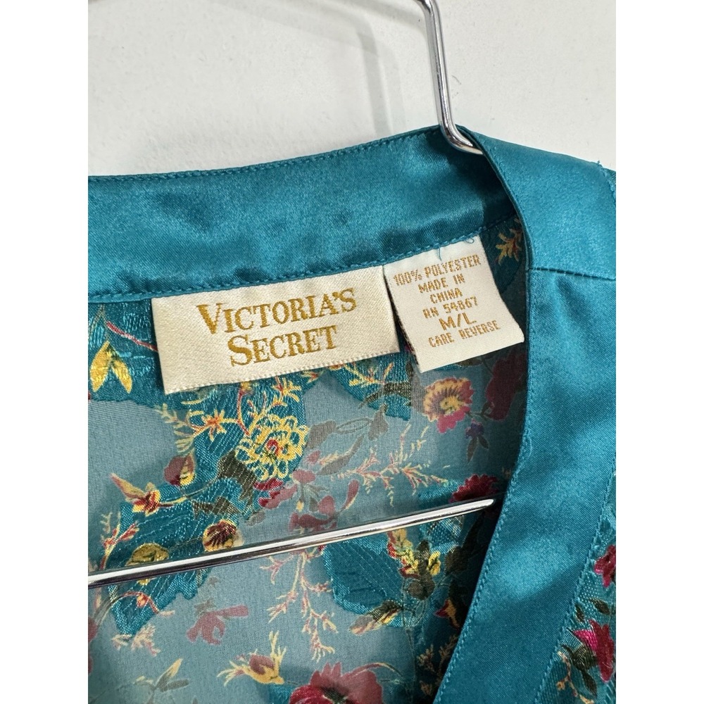 VTG Victoria's Secret Sexy Sheer Turquoise Floral Satin Button Up Nightgown M/L - Picture 4 of 8